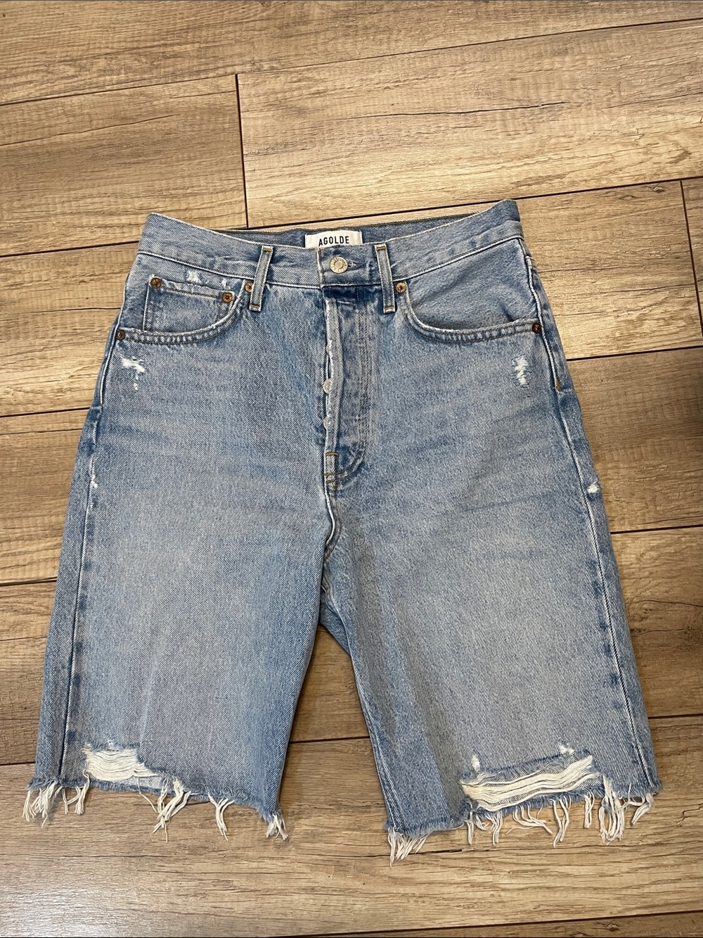 Agolde Light Blue Distressed Denim Bermuda Shorts